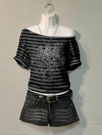 Attitoon Casual Minimalist Full-Width Striped Heart Wing Grunge Punk Retro Gothic Print Off Shoulder Drop Shoulder Short Sleeve Loose Women T-Shirt, Suitable For Street Style, Y2K