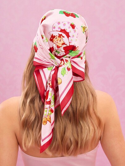 Strawberry Shortcake X SHEIN Pañuelo cuadrado de satén suave y suave de color rosa dulce con estampado de lunares y fresas, adecuado para pañuelo de cabeza, decoración de bolsos, regalos, viajes al aire libre