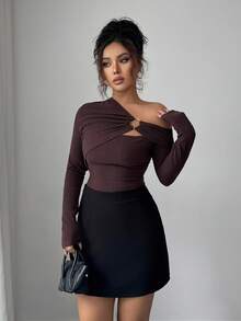 Rafferiza Autumn/Winter Fashion New Comfortable Ribbed Fabric Solid Color Sexy Asymmetric Neck Ruched Design Versatile Long Sleeve T-Shirt - Brown - View 5