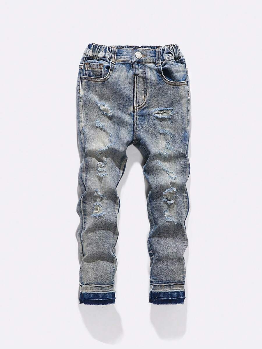 SUMWON Boys Distressed Denim Jeans Classic Ripped Design Elastic Waistband Casual Play Pants Fashion Comfort Bottoms Fall Winter Everyday Wear - Blue - View 1