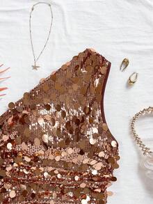 Soleia 女式不对称下摆不对称肩上衣，休闲度假、海滩、婚礼宾客、毕业早午餐、圣帕特里克节、春假、复活节、音乐节、优雅波西米亚热带派对、亮片装饰、棕色、情人节 - 咖啡棕 - 查看 4