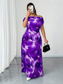 Elenzga Plus Size Printed Sexy Asymmetrical Shoulder Ruched Waist Elegant Dress