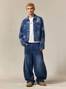 ROMWE MEN Street Life Men's Casual Fashion Street Full Print Zip-Up Denim Jacket, Spring/Autumn - Blue - View 6