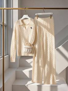 SHEIN Franclia 2件套刺绣麻花马球领长袖上衣和裤子毛衣套装 - 卡其色 - 查看 1