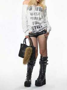 POPSWAY Plus Size Women's Sexy Off Shoulder Long Sleeve Graphic Print Drawstring Casual Loose Top T-Shirt