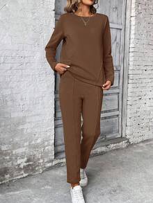 SHEIN PETITE 2 件套女式长袖运动衫和裤子套装，套头衫和松紧腰裤，带抽绳 - 棕色 - 查看 5