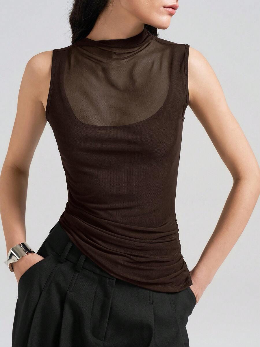 Ontre Women's Asymmetric Asymmetrical Hem Oblique Collar Sleeveless T-Shirt, Urban Commute Business Casual Wear, Office Outfit, Teacher Outfit, Basic Top, Outerwear, Brown