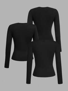 SHEIN EZwear 3 chiếc áo phông dài tay cổ tròn màu đen cỡ lớn cho nữ - màu đen - Xem 2