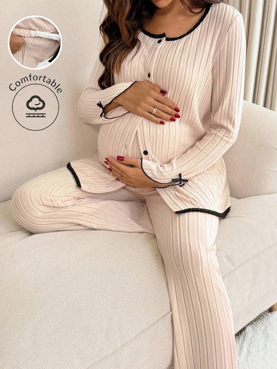 SHEIN 2pcs Maternity Contrast Trim Long Sleeve Top And Pants Set,Pajama,Loungewear,Sleepwear Set 2 Pieces Lounge Sets Woman Maternity Co Ords Sets 2 Pieces Casual Sets Woman Maternity Clothes Two Pieces Suits Maternity Pajama Set - Apricot - View 1