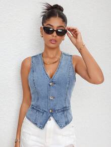 Flexra 女士休闲无袖牛仔夹克，夏季 - 深色水洗藍 - 查看 3