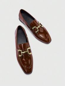 CUCCOO BIZCHIC Sepatu Loafer Wanita Ujung Persegi Warna Kopi Modis dengan Gesper Retro Nyaman Sederhana untuk Perjalanan - Coffee Brown - View 6