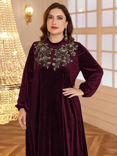 Al Najma Plus Size Casual Velvet Patch Long Sleeve Loose Arabian Dress, Suitable For Autumn/Winter, Elegant Modest Tunic Arabian Dresses, For Evening Party/Wedding Guest/Anniversary Kaftan Jalabiya Dress