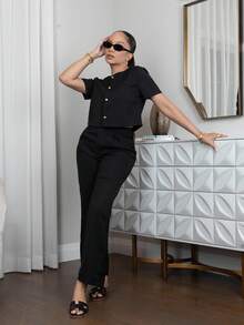 Melissa Matos 女士高端圆领短袖衬衫和休闲裤两件套