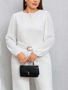 SHEIN Privé Plus Size Women's Solid Color Round Neck Lantern Sleeve Loose Fashion Blouse