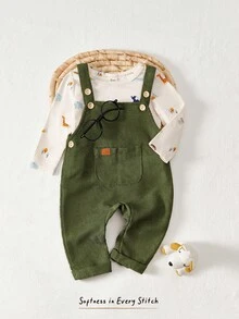 Cozy Pixies 2 Stücke Set für Babyjungen mit Cartoon Motiv, bestehend aus Langarm Top mit Rundhalsausschnitt und Latzhose