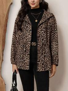 SHEIN LUNE Plus Allover Print Drawstring Waist Hooded Jacket For Autumn & Winter With Pockets Winter Clothes