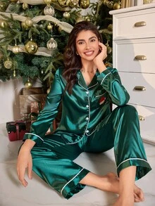 SHEIN 2 Stück Weihnachts-Element bestickter Kragen Langarm Pyjama Set mit Taschen, Faux-Seide, Herbst-Winter Kleidung