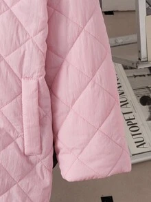 年轻女孩休闲羊羔绒衬里钻石图案粉色连帽及膝棉服外套 - 淺粉色 - 查看 3