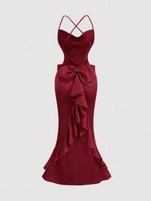 SHEIN MOD 复古宫廷红色荷叶边露肩连衣裙，搭配飘逸丝带、亮泽缎带、露背设计和美人鱼轮廓 - 非常适合派对、度假、约会、生日庆祝、下午茶和节日 - 紅色 - 查看 1