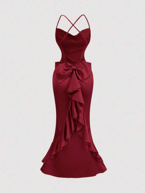 SHEIN MOD Vintage Court Red Ruffle Off-Shoulder Dress With Flowing Ribbons, Luminous Satin, Open Back Design And Mermaid Silhouette - Perfect For Parties, Vacations, Dates, Birthday Celebrations, Afternoon Teas, And Festivals,Halloween Costumes Sexy,Retro Outfit For Women,Christmas