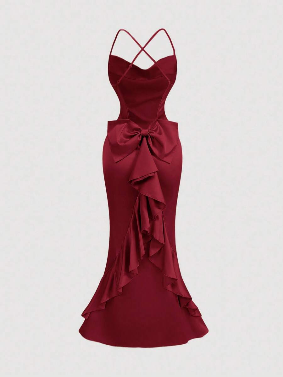 SHEIN MOD 复古宫廷红色荷叶边露肩连衣裙，搭配飘逸丝带、亮泽缎带、露背设计和美人鱼轮廓 - 非常适合派对、度假、约会、生日庆祝、下午茶和节日 - 紅色 - 查看 1