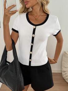 Easowa 女式休闲撞色短袖T恤，夏季 - 卡其色 - 查看 6