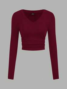 SHEIN EZwear Áo thun dài tay ôm sát cổ chữ V nhún eo nhiều màu sắc cho nữ, thường ngày & đa năng, mùa đông - Nhiều màu - Xem 7