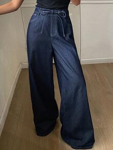 Livesso Women's Tie Waist Pocket Wide Leg Loose Casual Jeans - Dark Wash - View 2