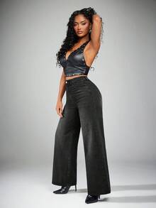 Radiana 女士宽松直筒蓝色牛仔裤、阔腿女裤、宽松女裤、女士牛仔裤 - 黑色 - 查看 3