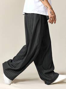 ROMWE MEN Pantalones anchos y sueltos con estampado de rayas casuales para hombres, adecuados para uso diario, el trabajo y el transporte, otoño - humo gris - Ver 8