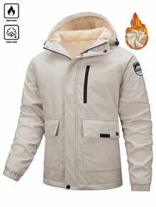 Manfinity Homme 男士秋冬连帽长袖羽绒服，多口袋设计，绗缝保暖内衬，男友礼物，街头休闲宽松拉链外套，适合日常休闲、周末旅行、户外活动、远足旅行、轻松的工作环境或半正式场合，男友/老公礼物，周年纪念礼物