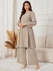 Yasmyna 2件套女士休闲纯色纽扣装饰开叉下摆加长上衣和阔腿裤套装，杏色，秋冬 - 卡其色 - 查看 6