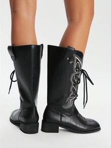 Styleloop Bốt cao đến đầu gối, mũi tròn, da lộn màu đen, khóa kéo bên hông, đa năng, phù hợp đi làm hàng ngày - màu đen - Xem 4