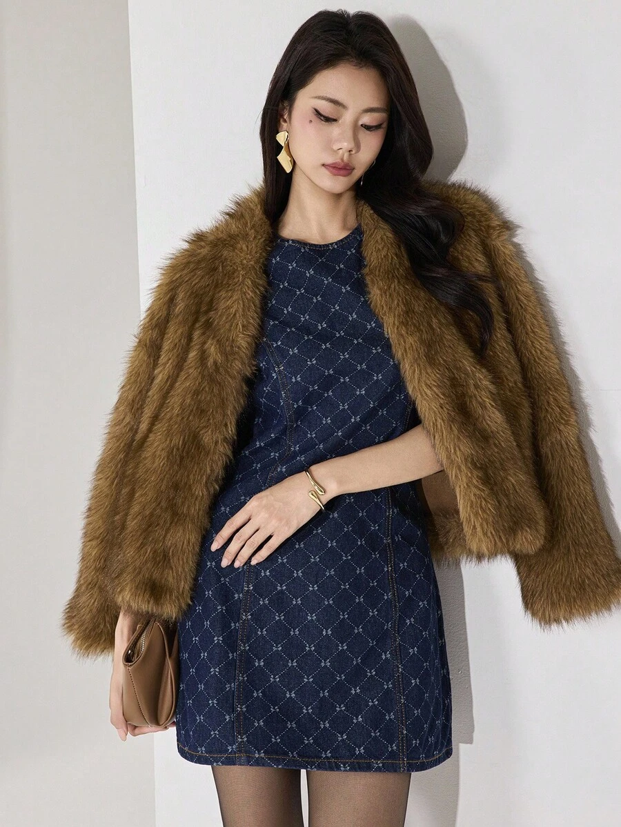 Heiryn 新款女士牛仔连衣裙 无袖腰 A 字连衣裙 短款连衣裙 提花连衣裙 深蓝色 秋季服装 外出服装 休闲办公服装 音乐节服装 Y2K 服装 返校服装 - 深色水洗藍 - 查看 1