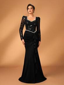 Serin Elegante y lujoso vestido de sirena con apliques florales de cuentas y lentejuelas, adecuado para bodas, fiestas, vacaciones, galas, despedidas de soltera, vestido de noche para la madre de la novia, Día de San Valentín - Negro - Ver 6