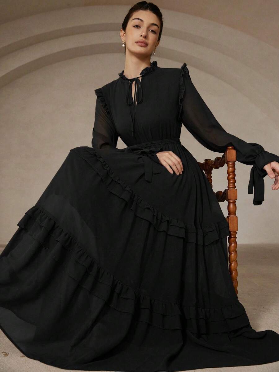 Aveloria Rosie Váy dài tay nữ có bèo nhún, thiết kế buộc eo và cổ, thanh lịch cho mùa xuân/hè - màu đen - Xem 1