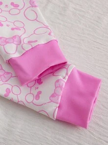 2 件女童柔软舒适贴身睡衣套装，秋冬款，带有可爱的蝴蝶结兔子图案，全身印花，圆领长袖上衣和长裤 - 粉色 - 查看 3