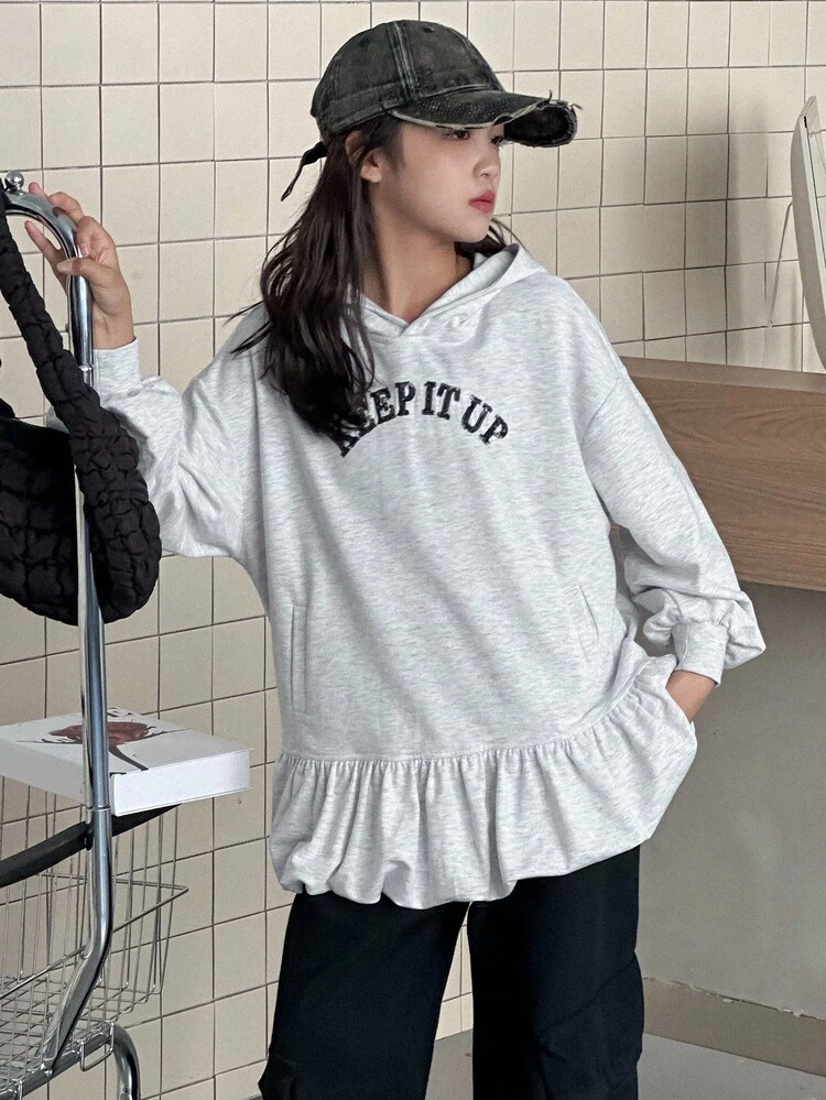 Tween Girl Knit Sweatshirt With Letter Print And Ruffle Hem, Casual
