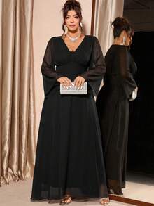 Cravure 大码 V 领闪亮优雅派对连衣裙，绿色，秋冬 - 黑色 - 查看 3