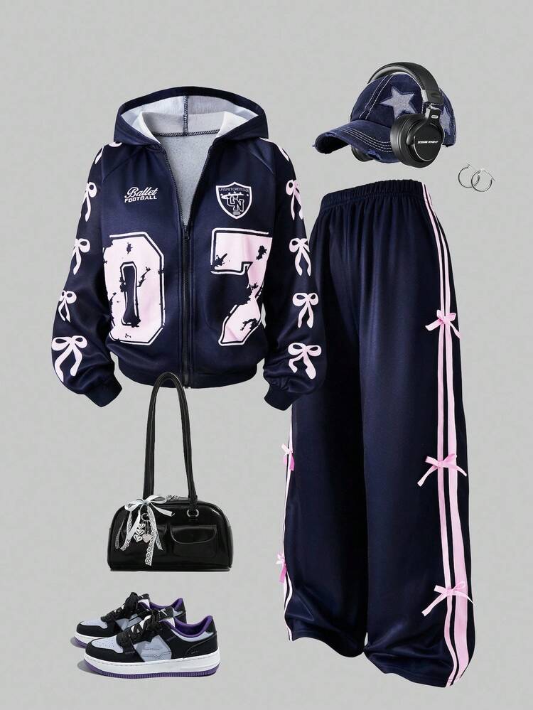 2 件套青少年女孩休闲蝴蝶结连帽拉链夹克和阔腿裤保暖内衬套装，秋冬 - 寶藍色 - 查看 3