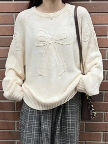 FRIFUL Women's Solid Color Round Neck Raglan Sleeve Bow Crochet Design Loose Casual Versatile Sweater, Autumn/Winter - Beige - View 4