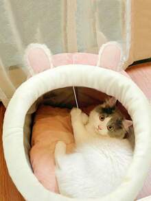 卡通耳朵装饰毛绒宠物床，适合狗和猫睡觉，小狗饲养狗床猫床易于清洁