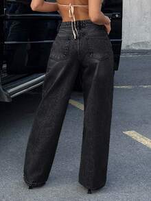 EURMUSE Low Waist Loose Straight Leg Jean Belt Detailed - Dark Grey - View 2