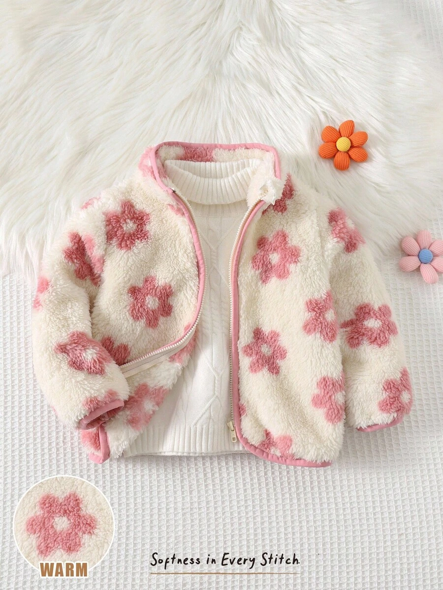 Cozy Pixies 女婴碎花印花保暖圆领长袖外套,百搭舒适,适合秋冬季节穿着,女婴保暖碎花外套 - 粉色 - 查看 1