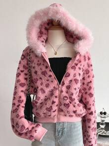 少女休闲 Y2K 风格粉色豹纹可爱学生日常穿着街头风仿毛领夹克