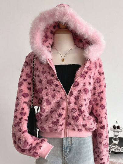 少女休闲 Y2K 风格粉色豹纹可爱学生日常穿着街头风仿毛领夹克