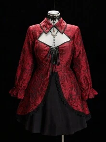 Sunspun 春/秋冬，优雅，新中式纹理提花面料拼布黑色梭织面料蕾丝边装饰立领泡泡袖A字连衣裙带系带装饰 - 彩色 - 查看 1