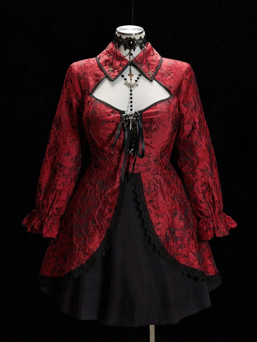 Sunspun 春/秋冬，优雅，新中式纹理提花面料拼布黑色梭织面料蕾丝边装饰立领泡泡袖A字连衣裙带系带装饰 - 彩色 - 查看 1