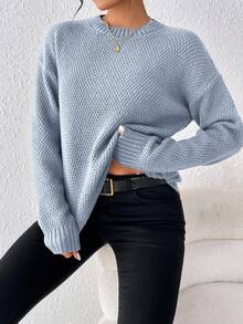 EMERY ROSE Women's Solid Color Crew Neck Long Sleeve Pullover Sweater, Versatile & Casual - Dusty Blue - View 4