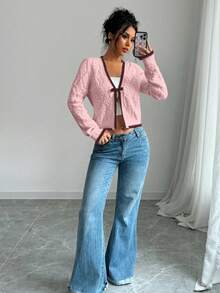 Selianne French Casual Versatile Diamond Textured Long Sleeve Pullover Cardigans For Women - Pink - View 5